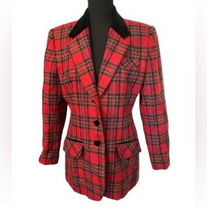 Vintage David N Petites Christmas Tartan Red and Black Plaid Wool Blazer 10P